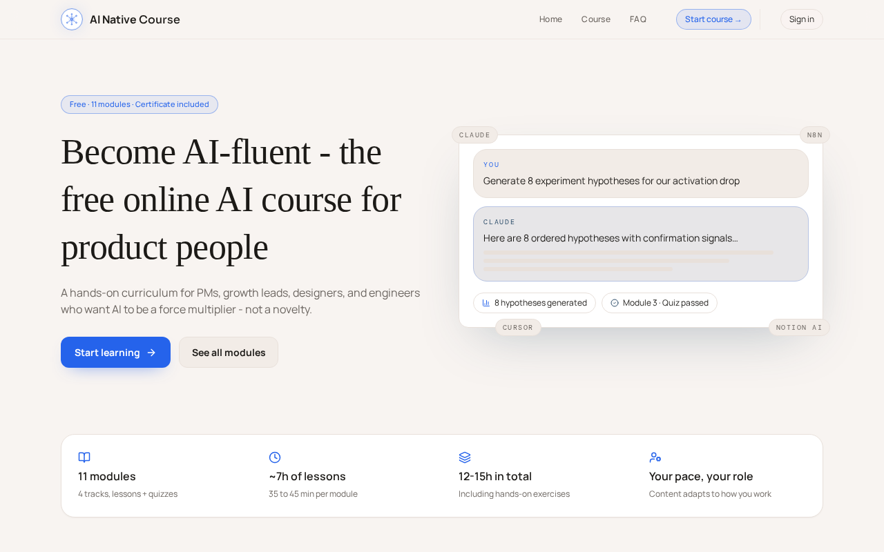 Screenshot of ai-course.dev, Become AI-fluent, free online AI course for product people