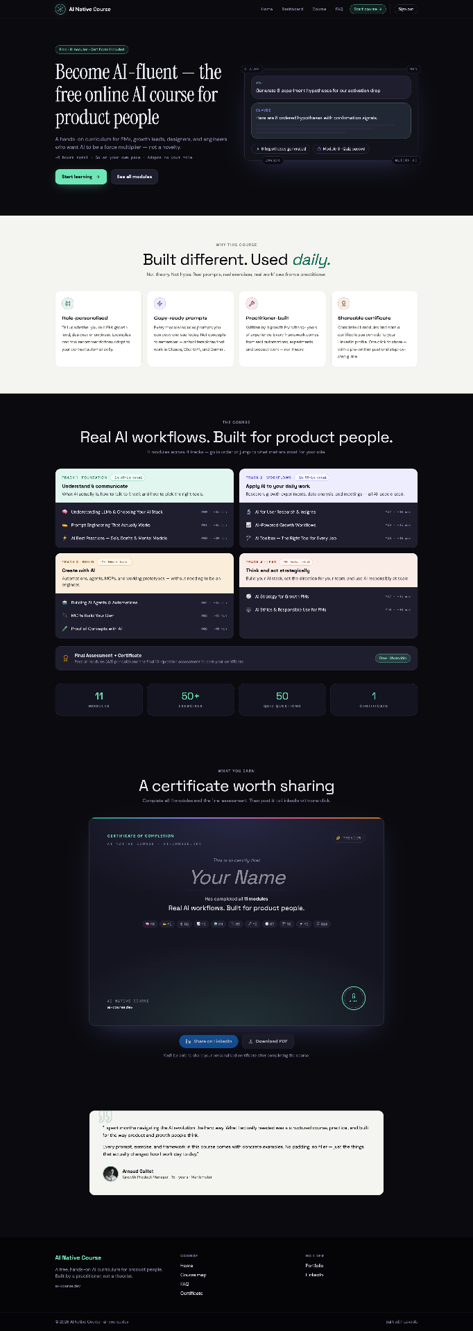 Screenshot of ai-course.dev — Become AI-fluent, free online AI course for product people
